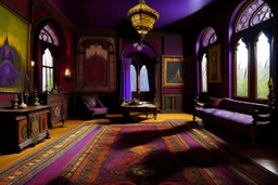 A purple vampire mansion designed in Moroccan rug art painted by Paul Gauguin