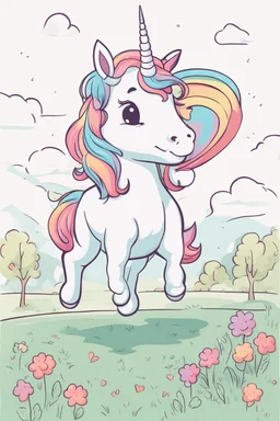 kids illustration, a cute unicorn playing in field, cartoon style, thick line, low details, vivid color