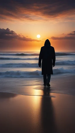 A lone figure walking along a vast, empty beach at sunset, a big creature face appeared in a mysterious sky , their silhouette stark against the hyperrealistic sky reminiscent of the work of Halim Ghodbane, with crashing waves rendered in the detail of Jason De Graaf. (combines Halim Ghodbane & Jason De Graaf)