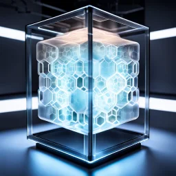 a futuristic translucent neurocube, inside the cube there are partitions made of honeycomb plates