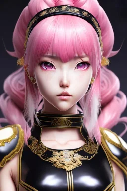 Detailed cute anime Kunoichi girl, pink hair buns, pink bangs, black latex bodysuit, intricate details, full body portrait, keep head in frame, slight smile, black Japanese motif, concept art, highly detailed, digital painting, concept art, sharp focus, illustration, art by Yoji Shinkawa, WLOP and greg rutkowski and alphonse mucha and artgerm and yanjun Chen and Junji ito and Makoto Shinkai, HDR, octane render