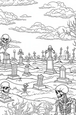 A graveyard with tombstones, skeletons rising from the ground, and eerie mist. Outline, sketch style, only use outline, mandala style, clean line art, white background, no shadows, no clear wall, coloring page.