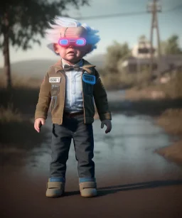 Emmet brown toddler, full body, delorean, dramatic lighting, hyper realistic