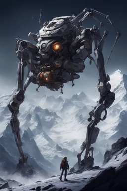 I want an image of a eight legged spiderlike mechanical walker mech scaling the side of mout everest at night, it has a smooth surface