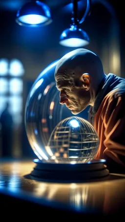 prisoner watching himself inside on a bright Crystal ball, shot on Hasselblad h6d-400c, zeiss prime lens, bokeh like f/0.8, tilt-shift lens 8k, high detail, smooth render, down-light, unreal engine, prize winning