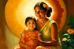 mexican woman and child mother looking at child painting neoclassism whole body zoom the sun smiling