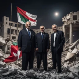 Hyper Realistic Arab countries leaders smiling devilish standing outside the rubble of a destroyed building in Gaza at night with Palestine flag behind