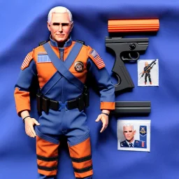 Mike Pence G.I. Joe toy Doll space force uniform, orange blue fabric, guns, wall packaging for sale, bright pricetag, american flag