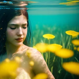 girl underwater with yellow flowers for hair, closed eyes, rtx, reflection, 8k, glow, winning photography, caustics