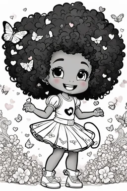 create a coloring page of a chibi girl with a curly afro ponytails dancing around hearts and butterflies. she smiles while shes playing with her kitten, black and white