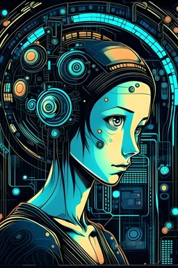 humans must not rapresented on this picture Film, cartoon cyberpunk effect.the theme is computer hardware human Interface neural sphere