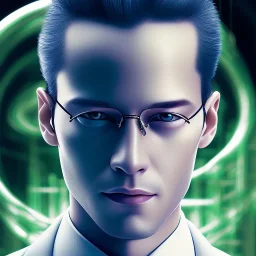 A beautiful portrait of man neo in the matrix, high key lighting, volumetric light high details psychedelic background