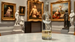 a pretty glass wine jar with beautiful minature glass shapes on out side and some glass hlalf sphere on it with a lady ballerina inside in pretty standing ballet pose on a table in a art gallery with famouse paintings and statues