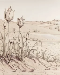 desert, dunes, tulip and frost, ink drawing