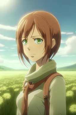 Attack on Titan screencap of a female with long, light bob and greenish eyes. Beautiful background scenery of a flower field behind her. With studio art screencap.