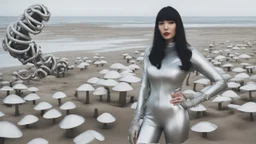 A woman with dark hair in a silver robotic catsuit, standing on a beach with flying mushrooms looking like parasols, with octopus tentacles in the air