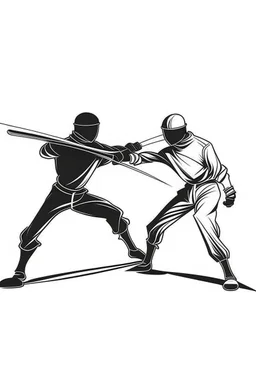 Two fencers in traditional fencing gear lunging at each other in a dynamic pose. Style: Minimalist Line Art, Mood: Elegant and Focused, Lighting: Dramatic spotlight, T-shirt design graphic, vector, contour, white backgrou