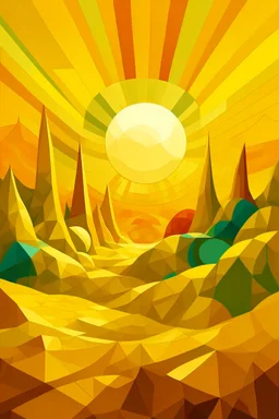 A yellow desert with a shining sun in Cubism art style