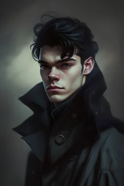 Portrait of a 23 year old male with dark styled hair. That wears a peacoat and has an obsession with aliens.