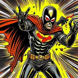 Modern comic book illustration by John Romita Jr, superhero 'Timeshift' the hourglass costumed masked superhero holds out one arm with an open hand, bullets hover in mid-air just beyond his hand as he has stopped time, setting is a bank that is being robbed, fantastical, superhero Marvel aesthetic