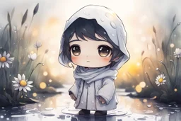 cute chibi anime sheikh, daisyfield, mist, melting watercolor and black ink outlines on wet paper, soft, shading strokes, in sunshine, ethereal, otherwordly, cinematic postprocessing, bokeh, dof