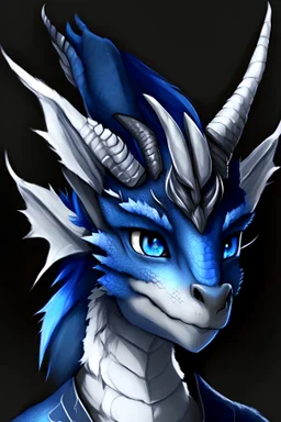 goofy adolescent midnight blue humanoid dragon, bright blue eyes, slate grey and silver horns, confident, soft features, kemono style