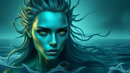 In this captivating digital artwork, an ethereal figure emerges, embodying the essence of the ocean. Her skin shimmers with a metallic emerald hue, reflecting the deep mysteries of the sea. Her hair, sharp and flowing like seaweed caught in a current, adds to her otherworldly appearance. Eyes glowing with an inner light, she gazes out over the water with a serene yet powerful expression, as if she is the guardian of all that lies beneath the waves. This portrait captures the beauty and mystique