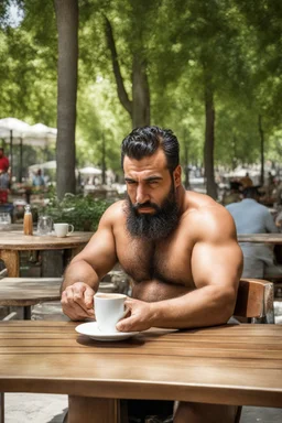 half figure photography of an ugly turkish barman servicing one coffee at the table, burly robust muscular chubby shirtless mainly chest very hairy 29 years old man, in a public park of Istambul , sunny day, sweat, wet, big shoulders, angry eyes, photorealistic