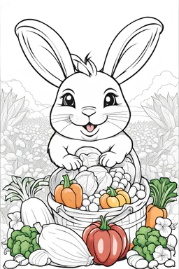 A black and white outline art for a kids coloring book, Cute bunnies in a vegetable garden, outlined with easy-to-color veggies around., white background , sketch style , full body, only use outline, mandala style, clean artpage, , white background, no shadows and clear well outlined
