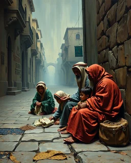 Bosch painting style ,nightmare, beggars wearing Arabic cloths sitting on the side of the street with their children begging