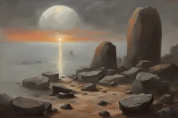 Grey sky with one distant planet in the horizon, rocks, mountains, 80's sci-fi movies influence, friedrich eckenfelder impressionism paintings