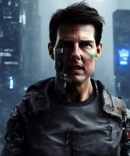 A portrait post-apocalypse cyborg Tom Cruise in a cyberpunk city, sci-fi fantasy style, 8k, volumetric lighting, particales,highly detailed,cinematic, deep scars on face,deep colours.