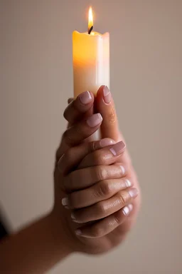 close up photography of female hands holding strong a very long burning wax candle, in a dark room, ambient occlusion, photorealistic