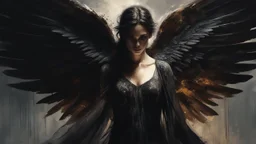 Dark and ethereal, the angel's black wings spread. Each wing carried with it an ancient story, a deep secret that hid in the shadows. cinematic detailed mysterious sharp focus high contrast dramatic volumetric lighting, :: mysterious and dark esoteric atmosphere :: digital matte painting by Jeremy Mann + Carne Griffiths + Leonid Afremov,, dramatic shading, detailed face