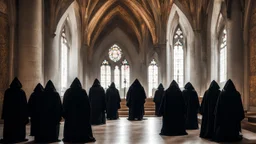 black robe hooded monks in the chapel