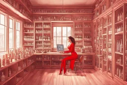 surreal image full-height shot of a young woman in tight red clothing, inside a large modern magic shop, sitting at a desk, wooden shelving, bottles, windows