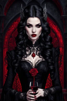 A captivating, high-resolution image of a stunningly elegant vampire woman exuding both beauty and danger. Dressed in exquisite black gothic clothing adorned with intricate details and black lace, on her dress red blood stains adding a dramatic effect. Her pale skin contrasts sharply with her dark attire, and her long, dark hair cascades down her shoulders. Holding a glass of red wine, she radiates an air of mystery. The background is dark and enigmatic, with soft, realistic lighting casting sha