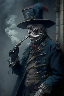 70 years old victorian bloodborne soldier with a musket and smoking a cigarette