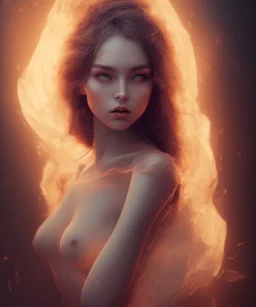 adorable, seductive and sexy looking , elegant, 8k, portrait photography of an ethereal beautiful Ancient Nymphe, Fire theme art, Dark moody night atmosphere, 8K, close-up face, anatomically perfect face, ignore NSFW,magic,forest,