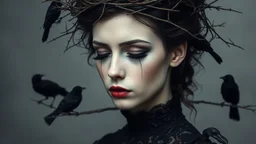A hauntingly beautiful portrait of a young woman with pale skin and closed eyes, her dark hair woven with thorny branches that form a nest around her head. Several black birds perch on these branches, their silhouettes stark against a muted, grey background. Her makeup is dramatic, with dark, smudged eyeliner that trails down her cheek like tears, and her lips are a deep, muted red. She wears a high-necked, dark Victorian-style dress with intricate lace detailing. The overall mood is melancholic