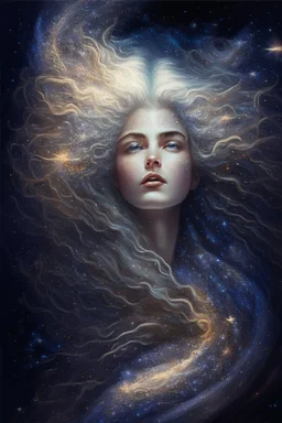 Kobieta Piekna polaczony z kosmosem I muzyka A beautifully-rendered portrait of a powerful, celestial figure, with flowing, star-studded hair and eyes that contain entire galaxies, set against a cosmic backdrop.