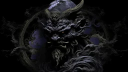 A purplish black moon empire in a dark dimension designed in Japanese Oni masks painted by Auguste Rodin