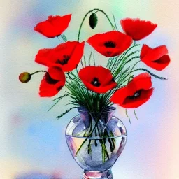 Red poppies in a crystal vase, void, aquarelle painting