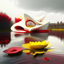 House by a lake water plants and yellow flowers red style Zaha Hadid white ink art creamy glasses creative hyper-detailed 8k