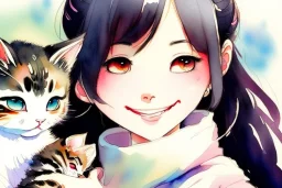 A cute smiling manga girl is holding a kitten. Watercolour