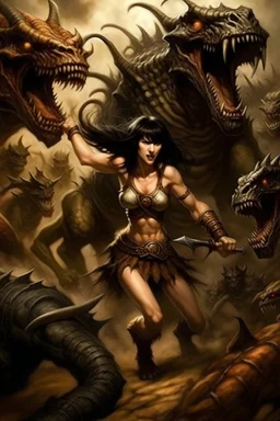 Eerie Scene, A detailed illustration of incredible beautiful Xena from 'Xena: Warrior Princess' looking terrified as she runs away from menacing muttations monsters., Eerie horror