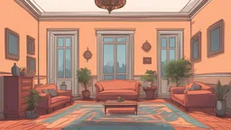 Vector. Yard and living room. Digital painting, Istanbul. Inside royal little palace. Minimal. color. 2D animated.