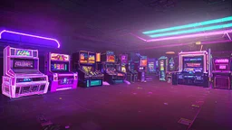 A dark photo of the corners of an 80's aesthetics arcade at night, with a lot of functioning arcade machines, a vaporwave floor and some colorful tiles in between the floor. Purple aesthetics. There are some pizza boxes over some of the arcade machines. The wall has a ticket shop who sells plushies, food and laser tag guns