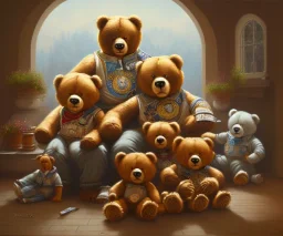 boy and big teddy bears. oil on canvas