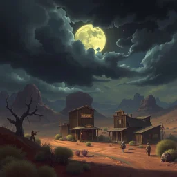 the western desert town called High Noon Hollow with gloomy skies fantasy art